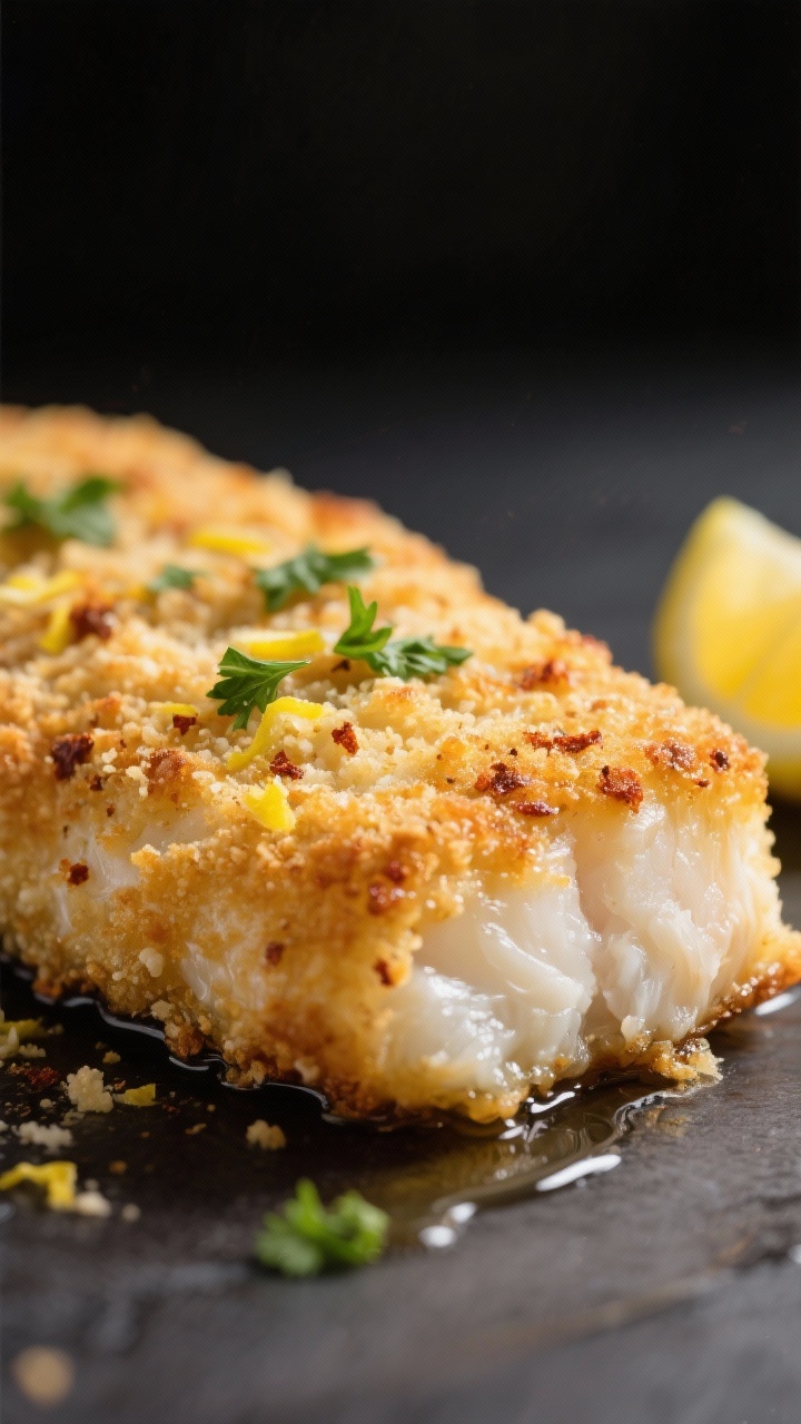 Close-up detail: Crispy air fryer Parmesan cod fillet just out of the fryer, showing a golden-brown,