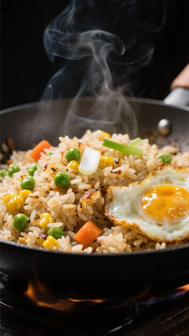 Close-up detail: Fluffy, separated grains of Chinese fried rice sizzling in a wok, showing toasty ed