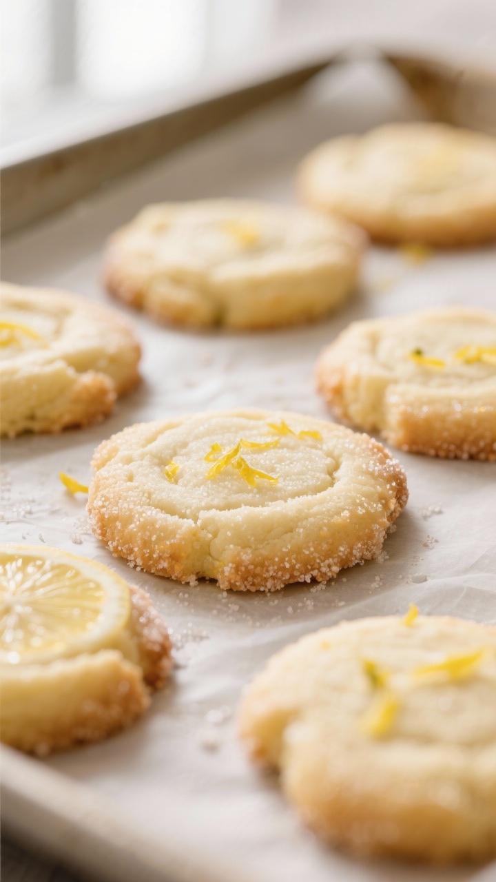 Close-up detail: Freshly baked lemon sugar cookies just out of the oven on parchment, edges set and