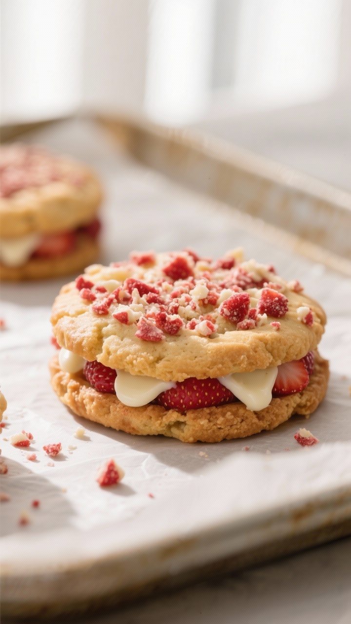 Close-up detail: Freshly baked strawberry crunch shortcake cookie just out of the oven, showing soft