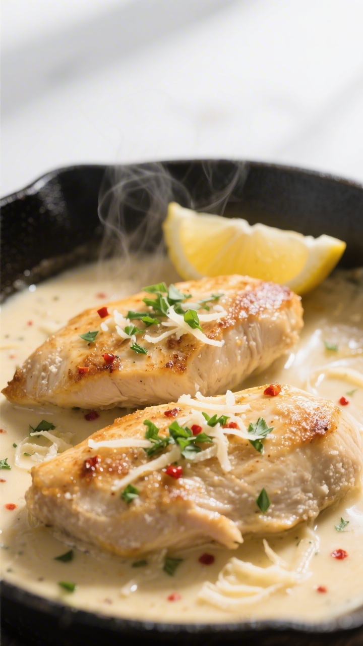 Close-up detail: Golden seared chicken breasts nestled in a silky parmesan-garlic cream sauce in a b
