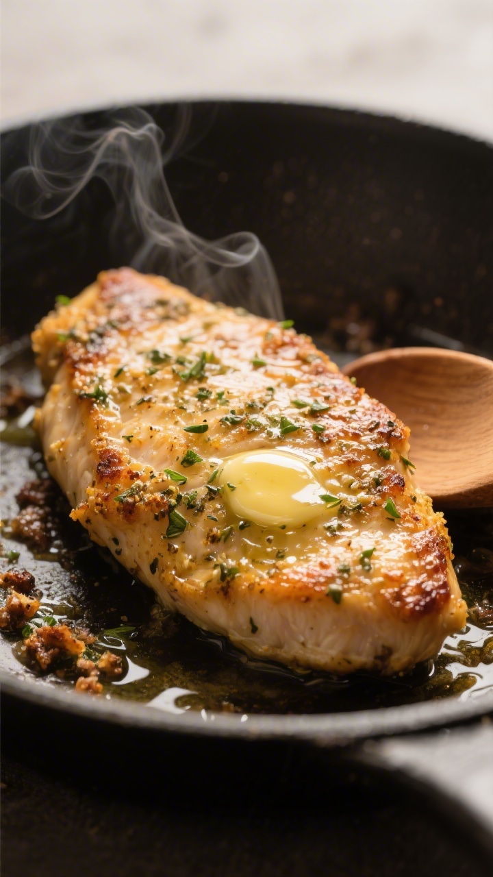 Close-up detail: Golden-seared chicken cutlet in a skillet, edges caramelized and glistening with bu