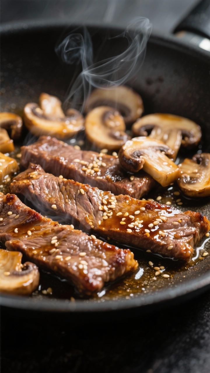 Close-up detail: Golden, slightly caramelized marinated beef strips sizzling in a skillet alongside