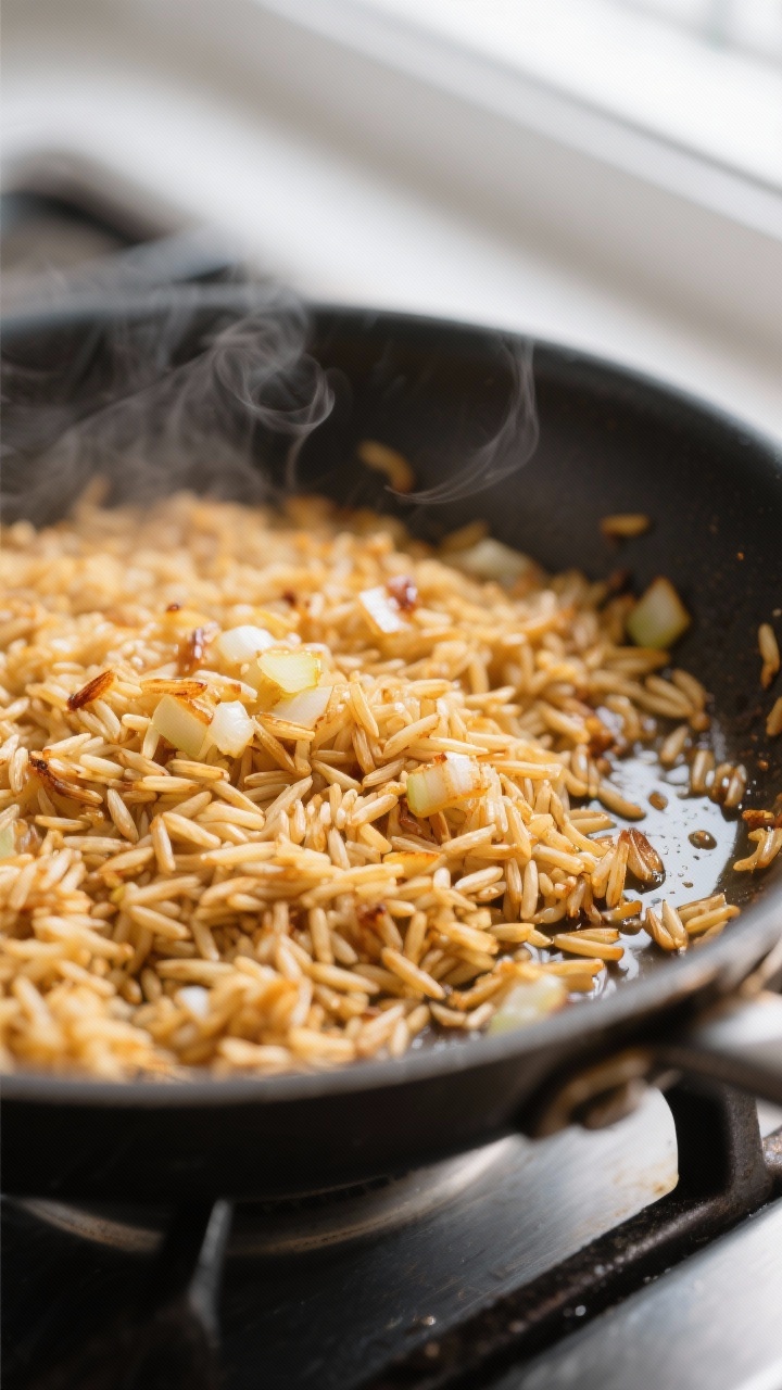 Close-up detail: Golden, toasted long-grain Mexican rice in a saucepan just after sautéing, grains