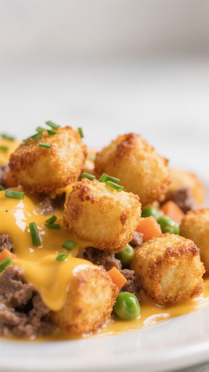Close-up detail: Golden, ultra-crispy tater tots just out of the oven, edges deeply browned and glis