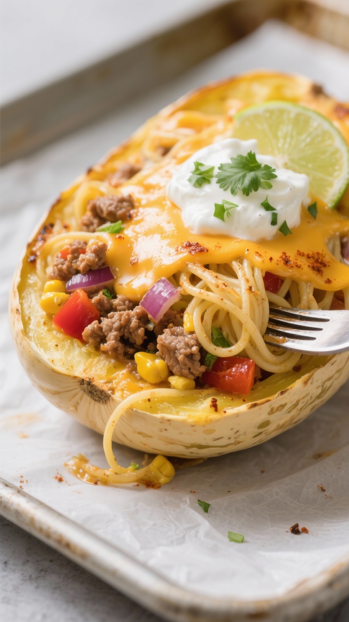 Close-up detail: Melted cheddar and Monterey Jack bubbling over a loaded spaghetti squash half just