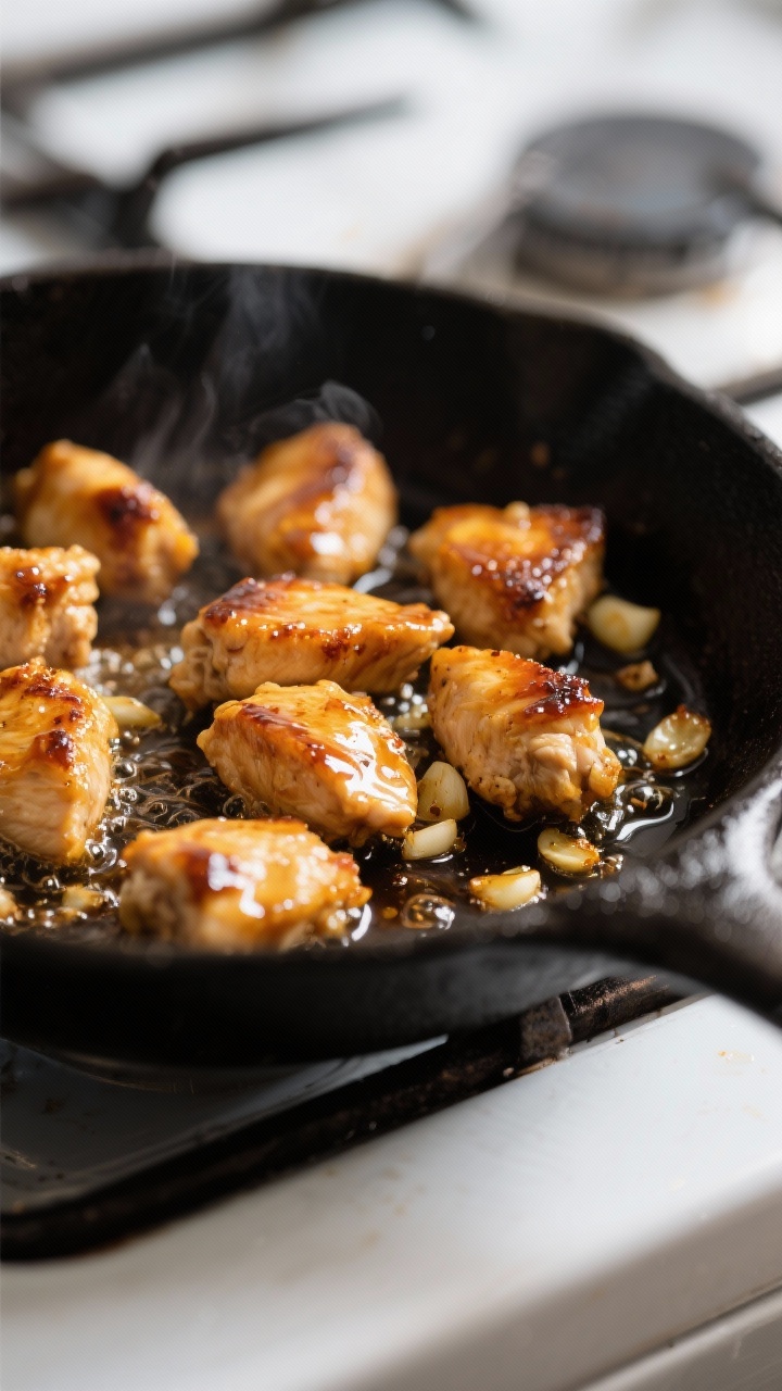 Close-up detail: Sizzling honey garlic chicken bites mid-cook in a black cast-iron skillet, golden-b