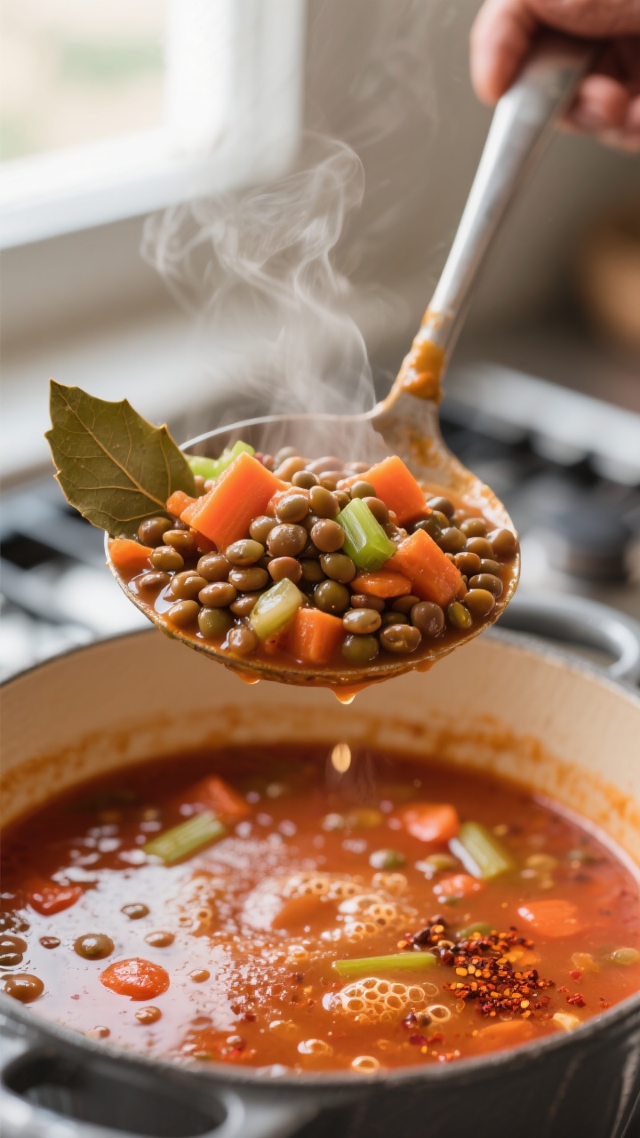 Close-up detail: Steaming ladleful of chunky lentil soup lifted from a pot, showing tender brown-gre