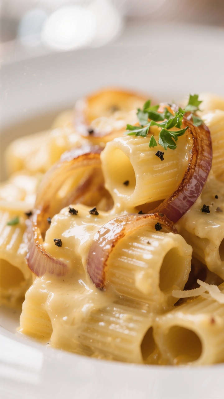 Close-up detail: Ultra close-up of pasta coated in silky, cheesy sauce—Gruyère and Parmesan melte