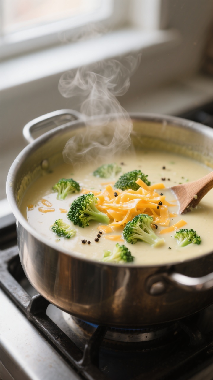Close-up detail: Velvety broccoli cheddar soup mid-stir in a heavy pot, showing a silky, lightly thi