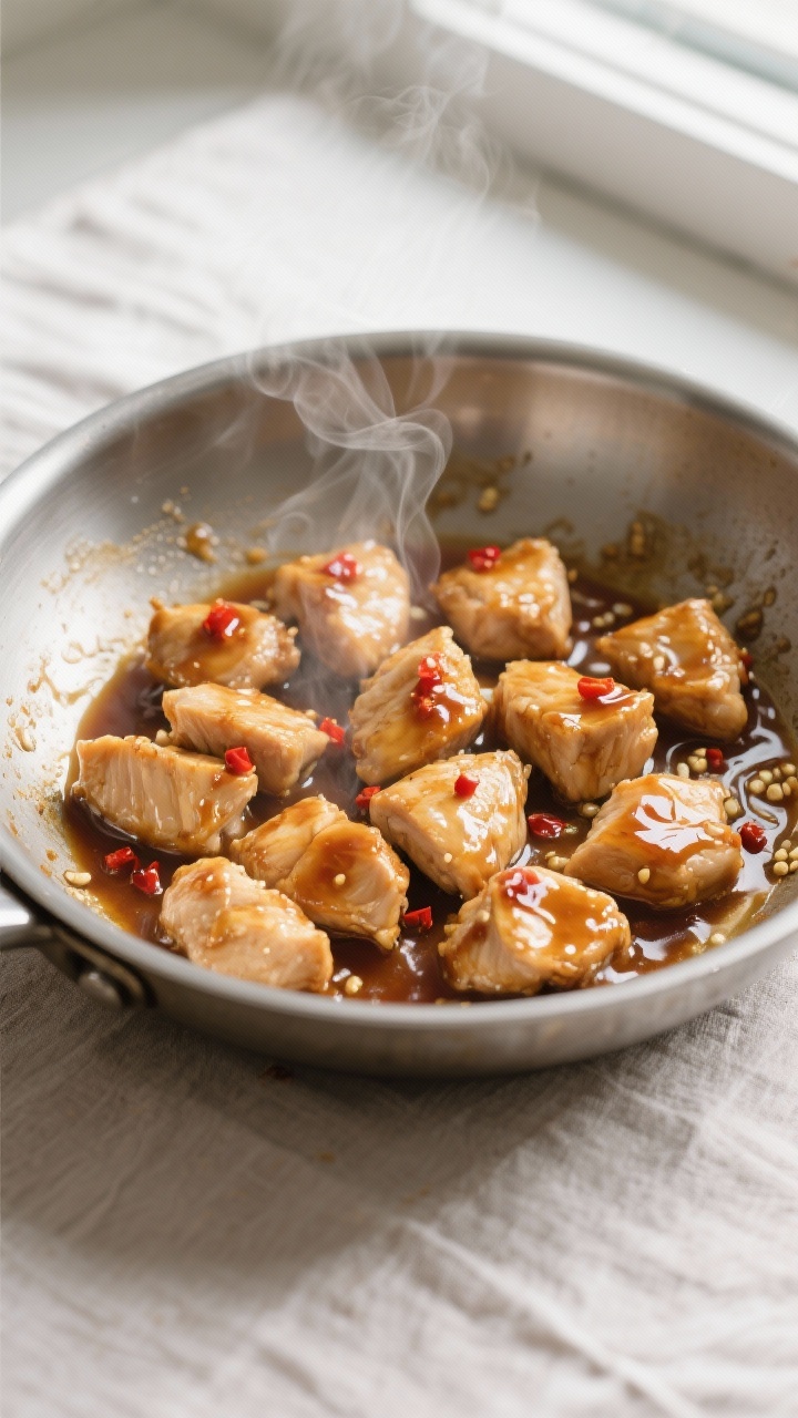 Cooking process action: Overhead shot of chicken bites in a wide stainless skillet right after the s