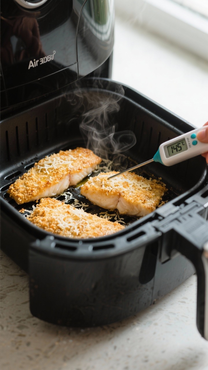 Cooking process: Air fryer basket at 400°F with a single layer of coated cod fillets spaced apart,