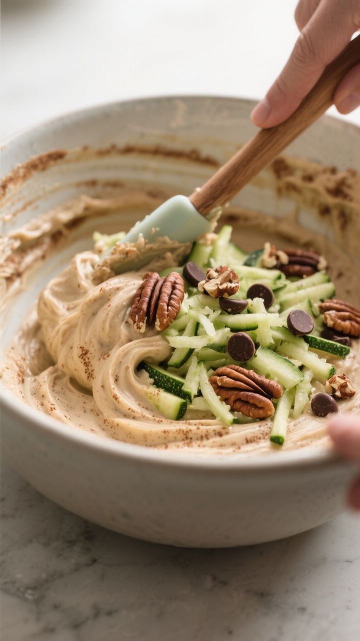 Cooking process: Batter being folded with grated zucchini, toasted pecans, and chocolate chips just