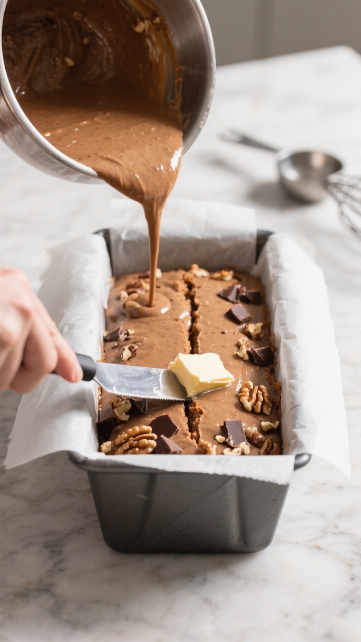 Cooking process: Batter being poured into a parchment-lined 9x5 loaf pan, top smoothed with a spatul