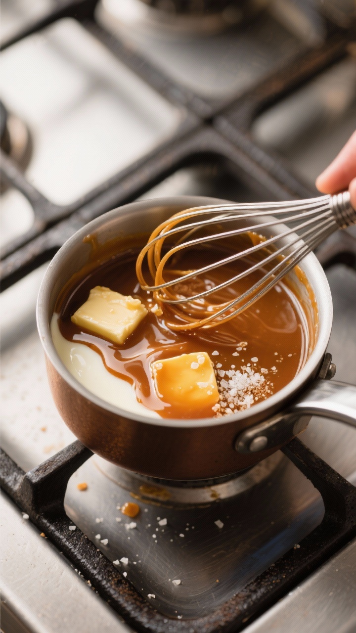 Cooking process: Caramel sauce simmering in a small saucepan—butter and brown sugar fully dissolve