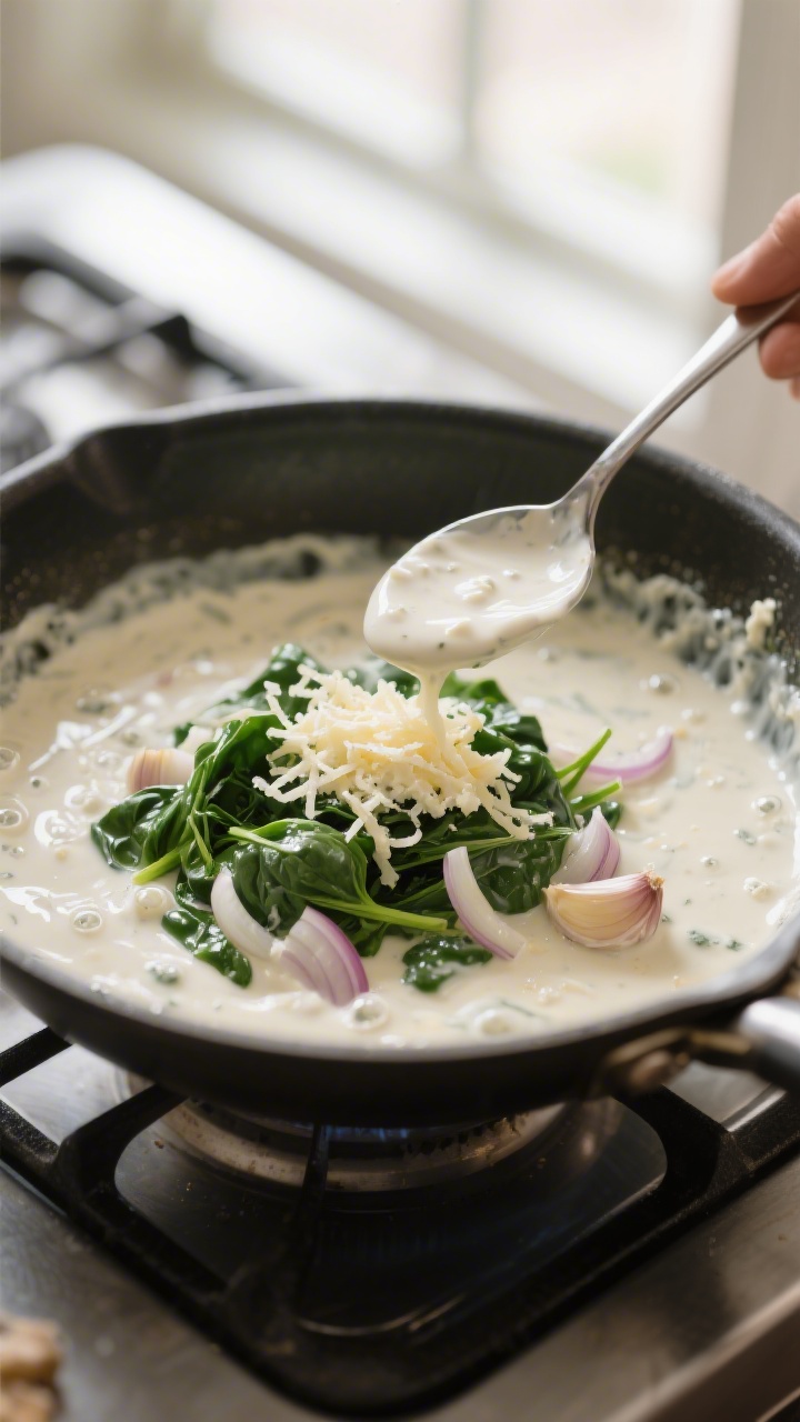 Cooking process: Creamy ranch sauce in the skillet mid-simmer, silky texture coating a spoon, ribbon