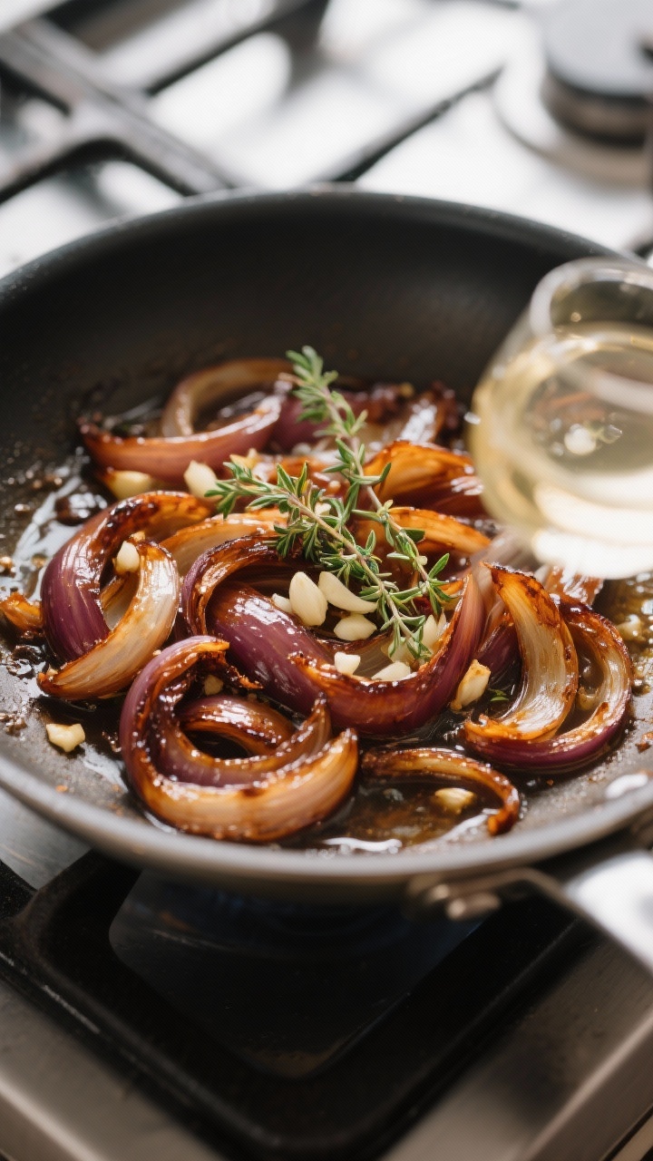 Cooking process: Deeply caramelized onions in a wide skillet, glossy and jammy with mahogany-brown e