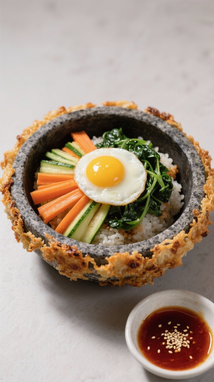 Cooking process: Dolsot-style crispy rice forming in a heated stone bowl—edges visibly crisp and g