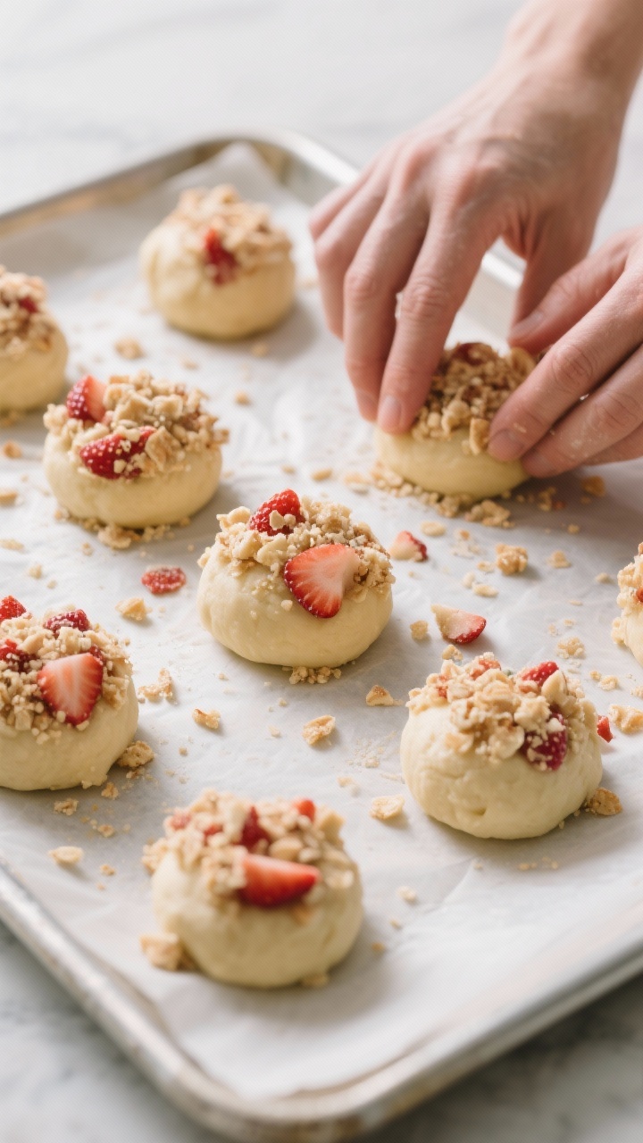Cooking process: Dough balls being pressed into the strawberry crunch mixture, then placed crunch-si