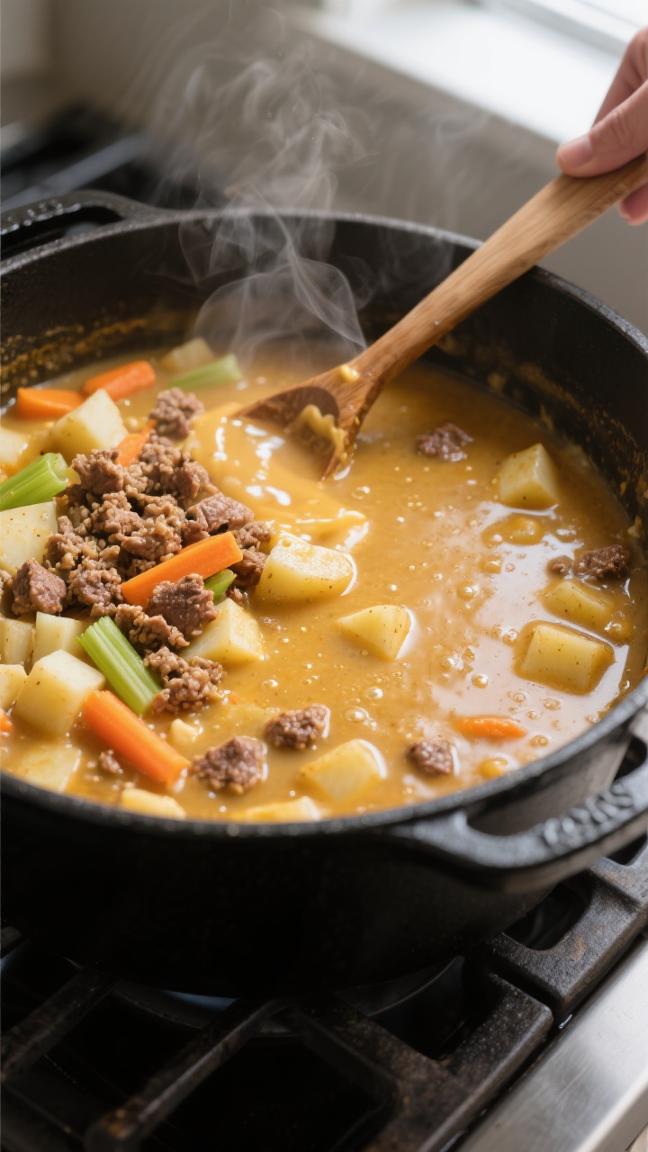 Cooking process — Dutch oven simmer: Cheeseburger soup mid-simmer in a matte black Dutch oven, sho