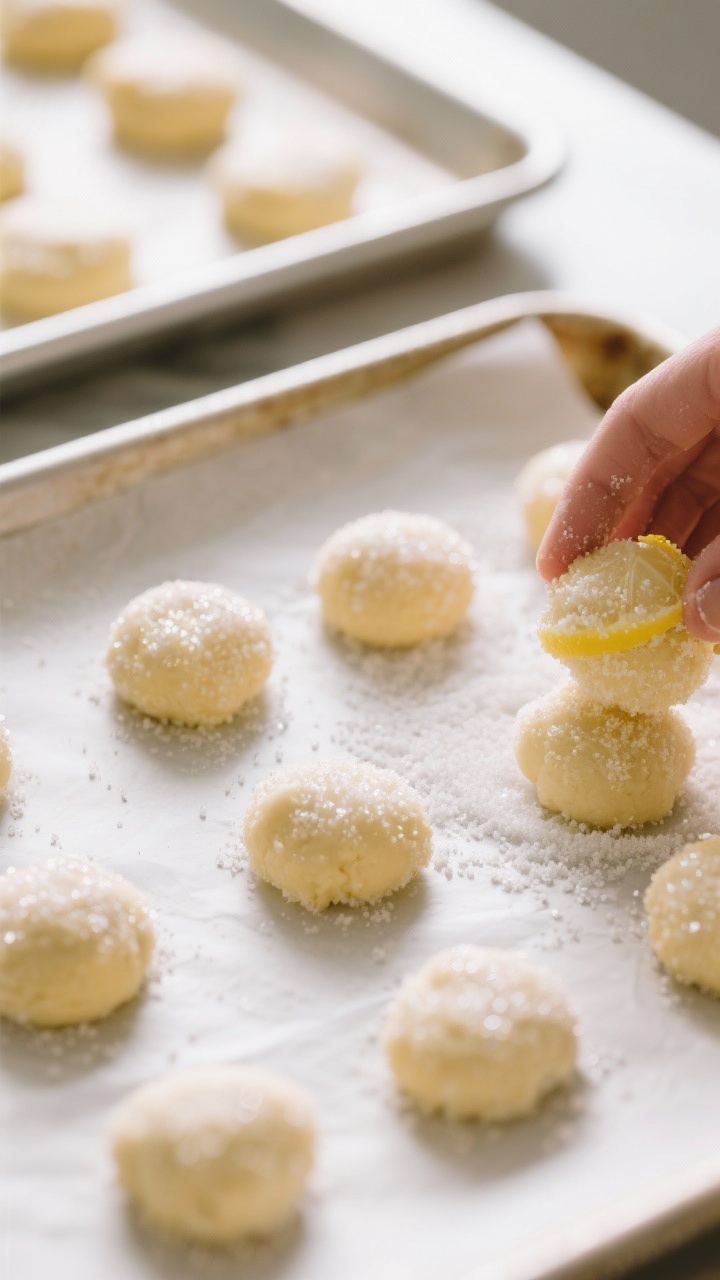 Cooking process: Lemon sugar cookies being rolled in granulated sugar and arranged 2 inches apart on