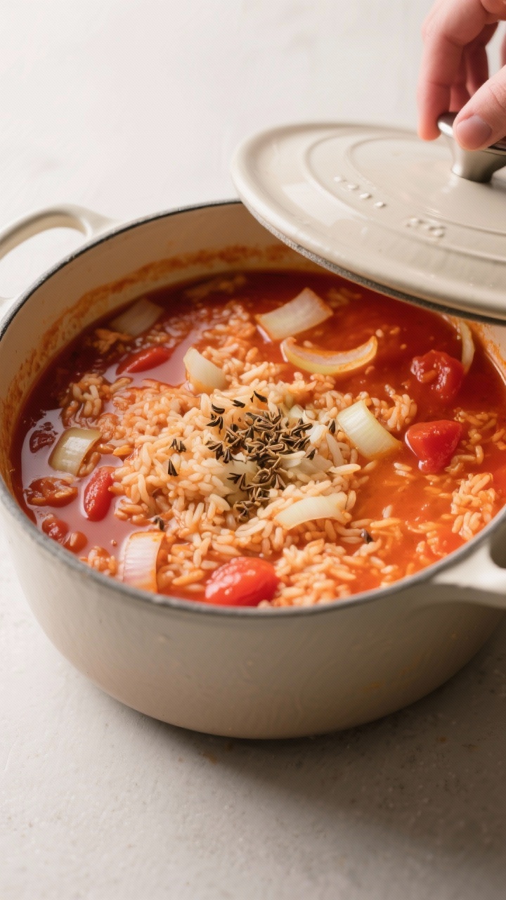 Cooking process: Mexican rice simmering in tomato sauce and chicken broth, overhead shot of the pot