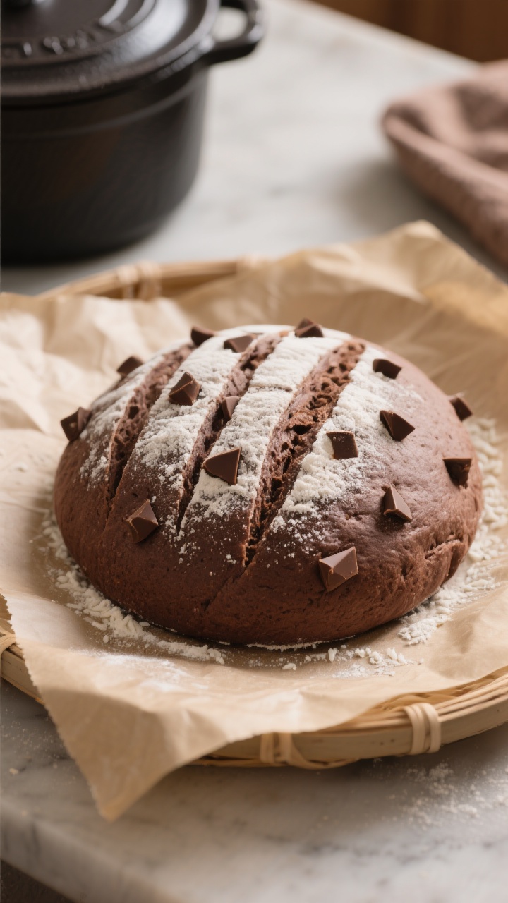 Cooking process: Overhead shot of a round, fully proofed chocolate sourdough on parchment right befo