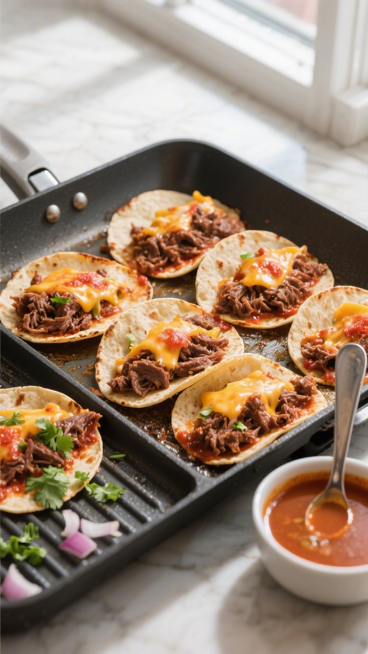 Cooking process: Overhead shot of a shallow pan with multiple birria tacos crisping at once, each li