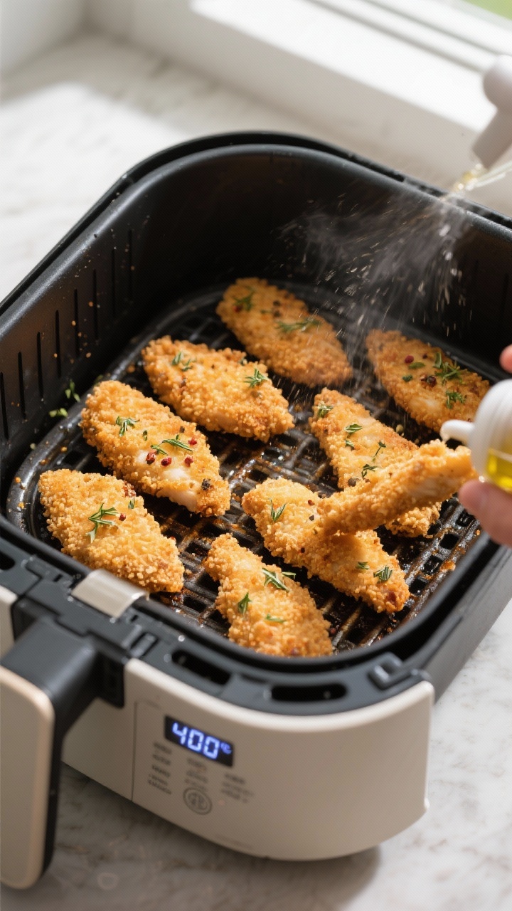 Cooking process: Overhead shot of breaded chicken strips arranged in a single, uncrowded layer insid