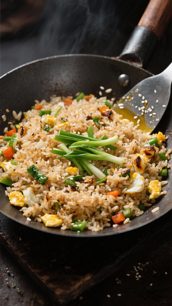 Cooking process: Overhead shot of fried rice spread in an even layer in a carbon steel wok, untouche