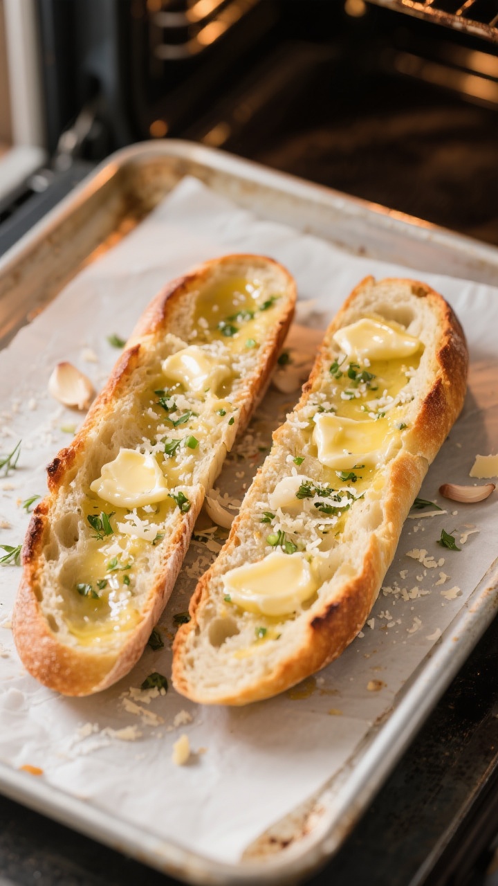 Cooking process: Overhead shot of halved baguette on a parchment-lined baking sheet, already baked a