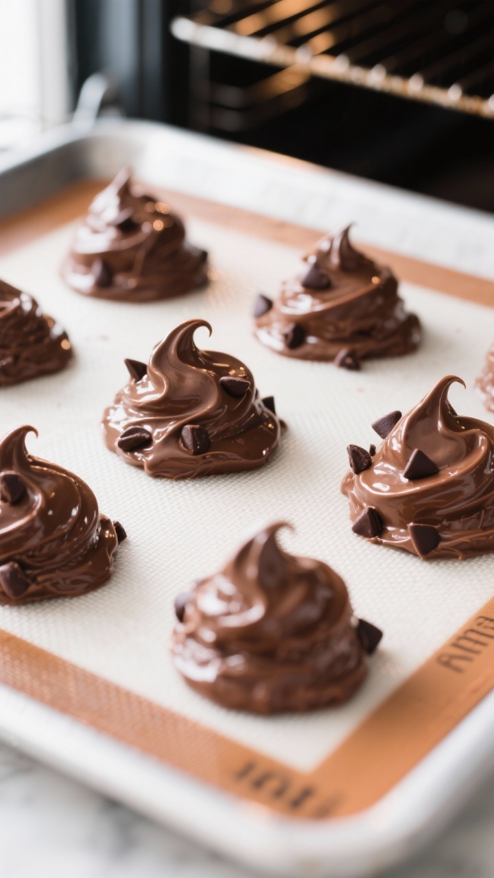 Cooking process: Overhead shot of portioned scoops of thick, glossy chocolate batter spaced on a sil