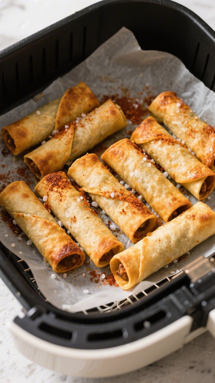 Cooking process: Overhead shot of taquitos in an air fryer basket mid-cook, evenly spaced without ov
