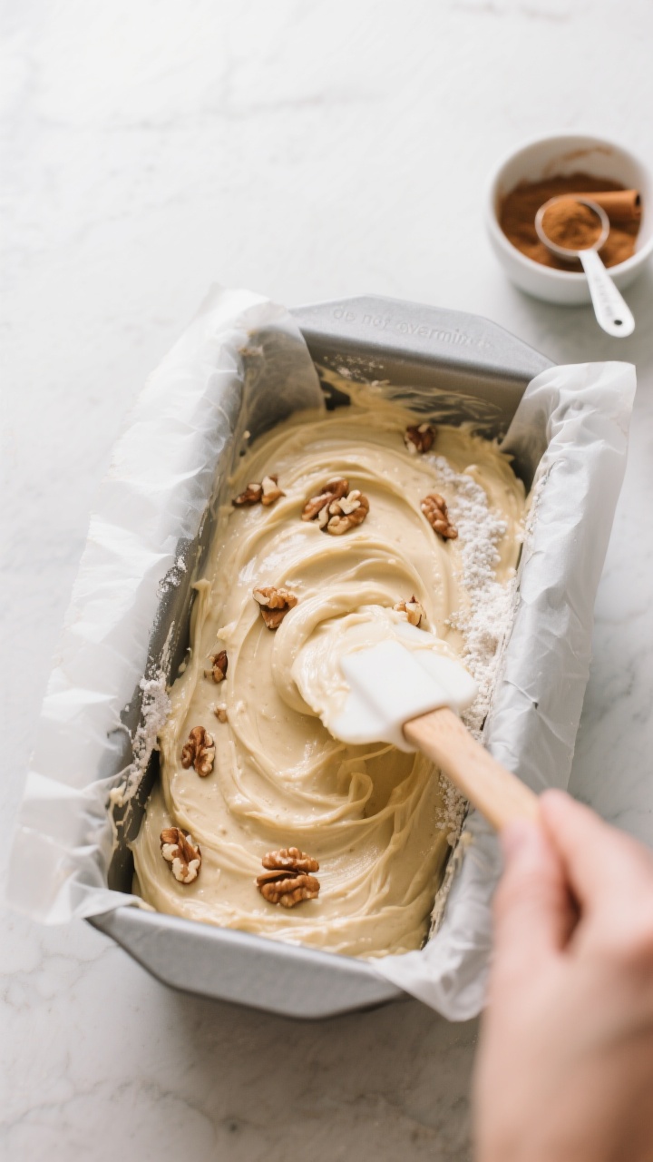 Cooking process: Overhead shot of the batter being gently folded in a parchment-lined 9x5-inch loaf