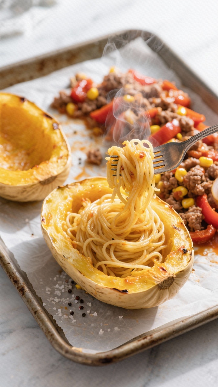 Cooking process: Overhead shot of the roasted spaghetti squash halves on a parchment-lined sheet pan