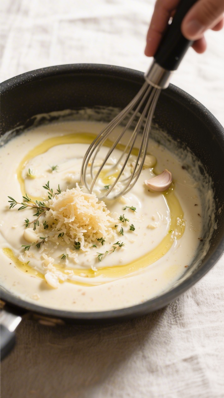Cooking process: Overhead shot of the sauce-building stage in the same skillet—minced garlic sizzl