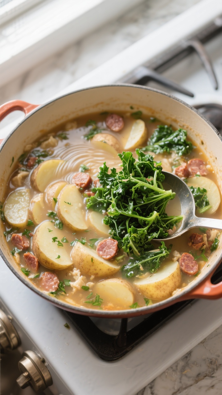 Cooking process: Overhead shot of Zuppa Toscana mid-simmer, showing tender half-moon potatoes just t
