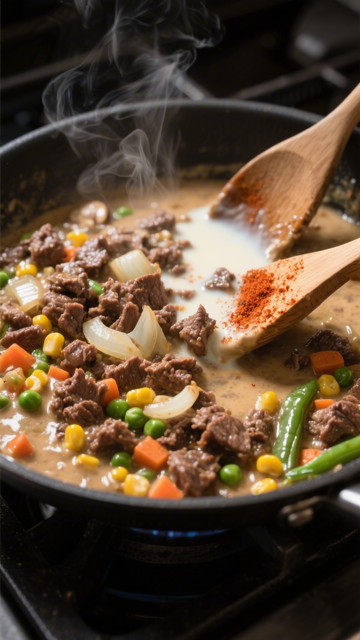 Cooking process: Sautéed beef base in a skillet right after adding the cream of mushroom soup and m