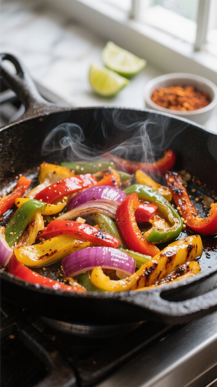 Cooking process — Searing veggies: Sizzling strips of cooked bell peppers (red, yellow, green) and