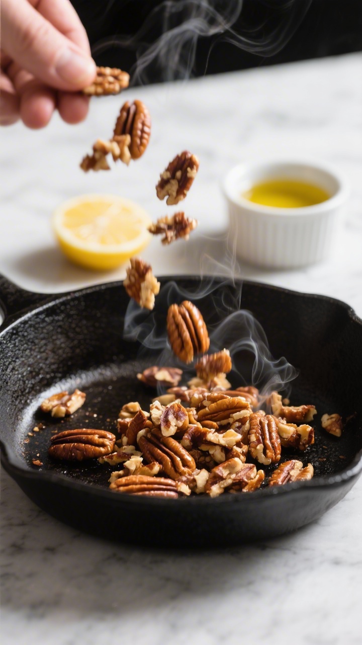 Cooking process: Toasting chopped pecans in a dry skillet over medium heat, captured mid-toss with n