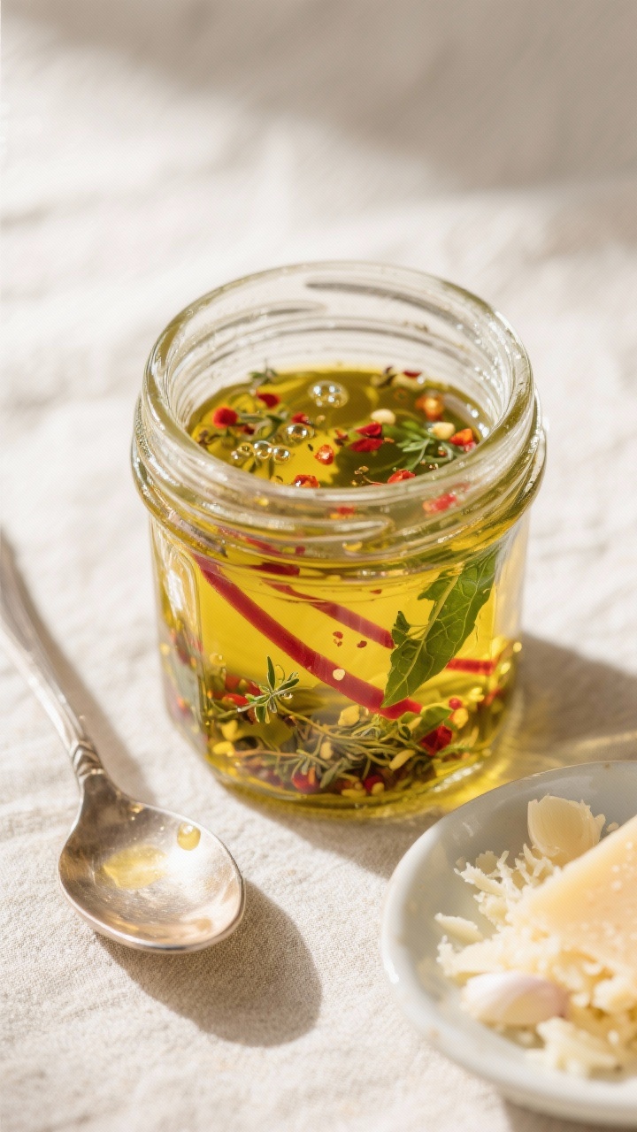 Dressing detail: Overhead shot of a small glass jar of homemade Italian vinaigrette just whisked—g