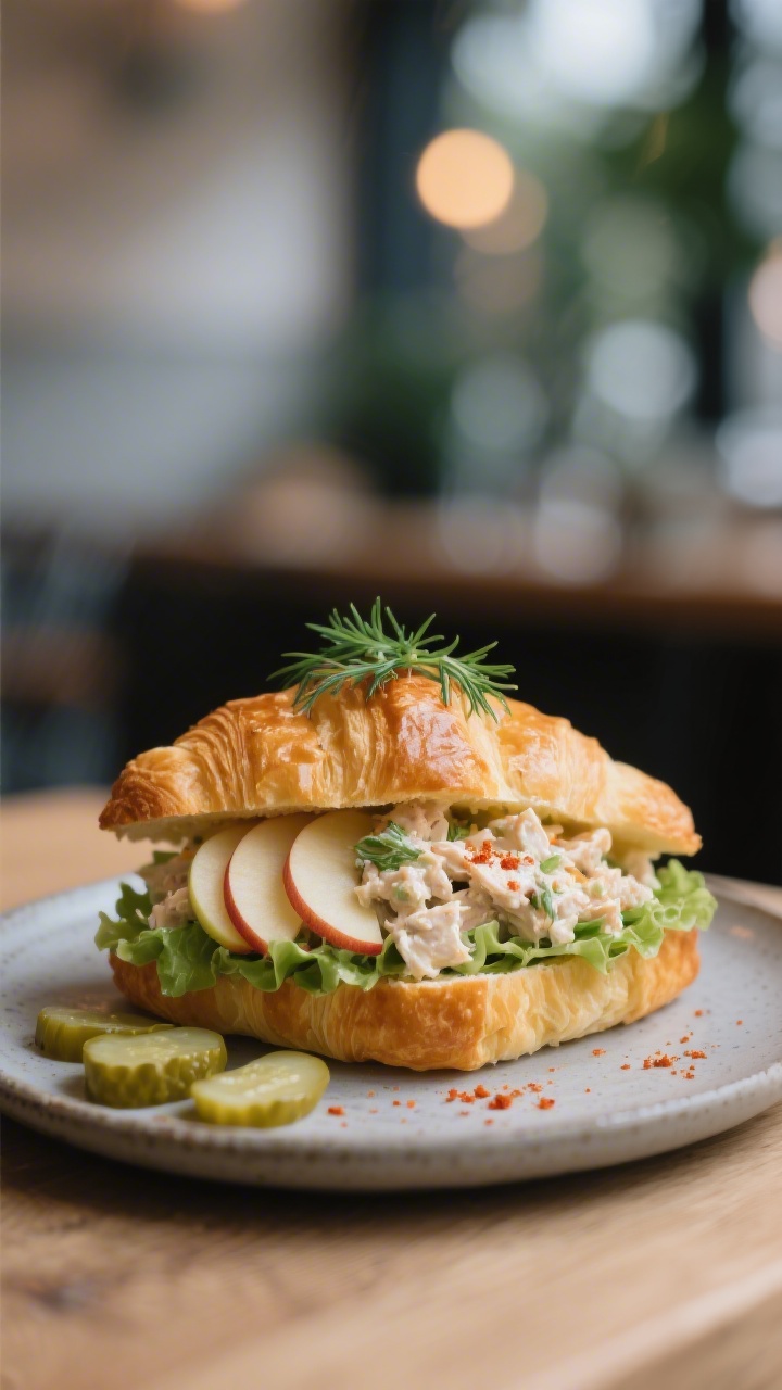 Final dish presentation: A generous scoop of chicken salad piled into a flaky, golden croissant sand