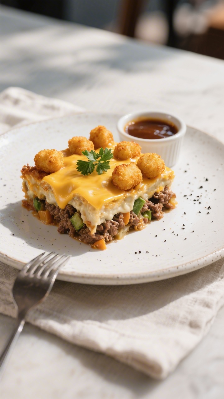 Final dish presentation: A hearty square of tater tot casserole plated on a white stoneware plate, c