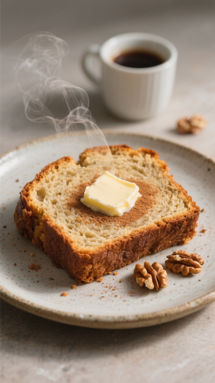 Final dish presentation: Bakery-style slice of banana bread warmed and served on a small stoneware p