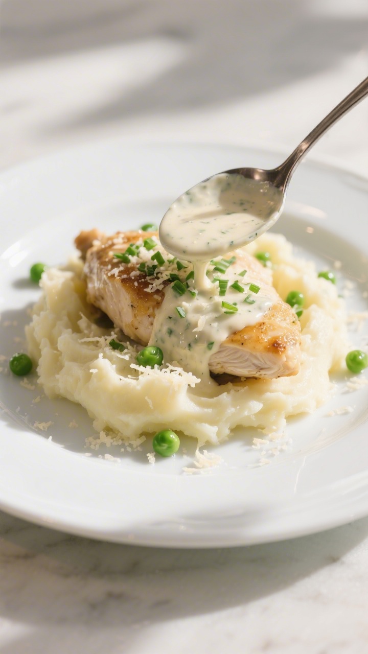 Final dish presentation: Beautifully plated creamy ranch chicken over buttery mashed potatoes on a w