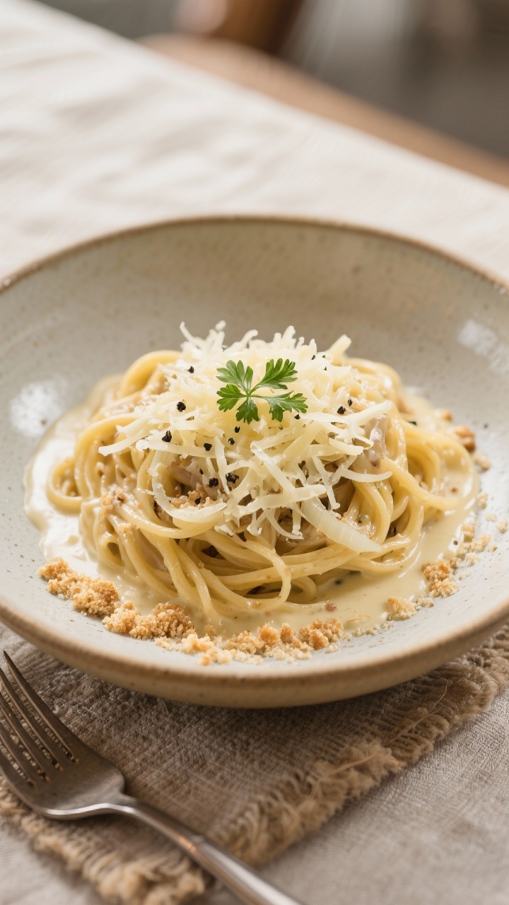 Final dish presentation: Beautifully plated French Onion Pasta in a low, wide ceramic bowl, topped w