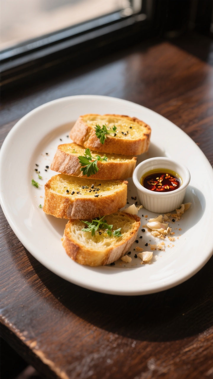 Final dish presentation: Beautifully plated garlic bread slices stacked slightly askew on a matte wh