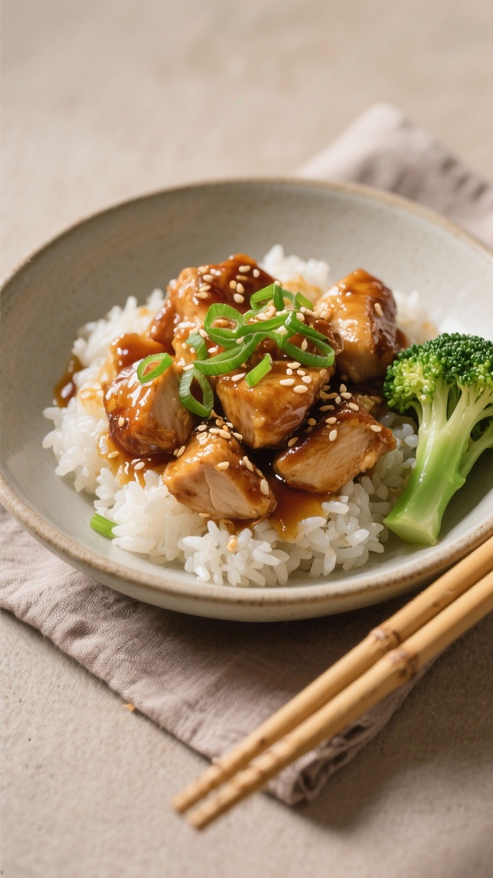 Final dish presentation: Beautifully plated honey garlic chicken bites over fluffy white rice in a s