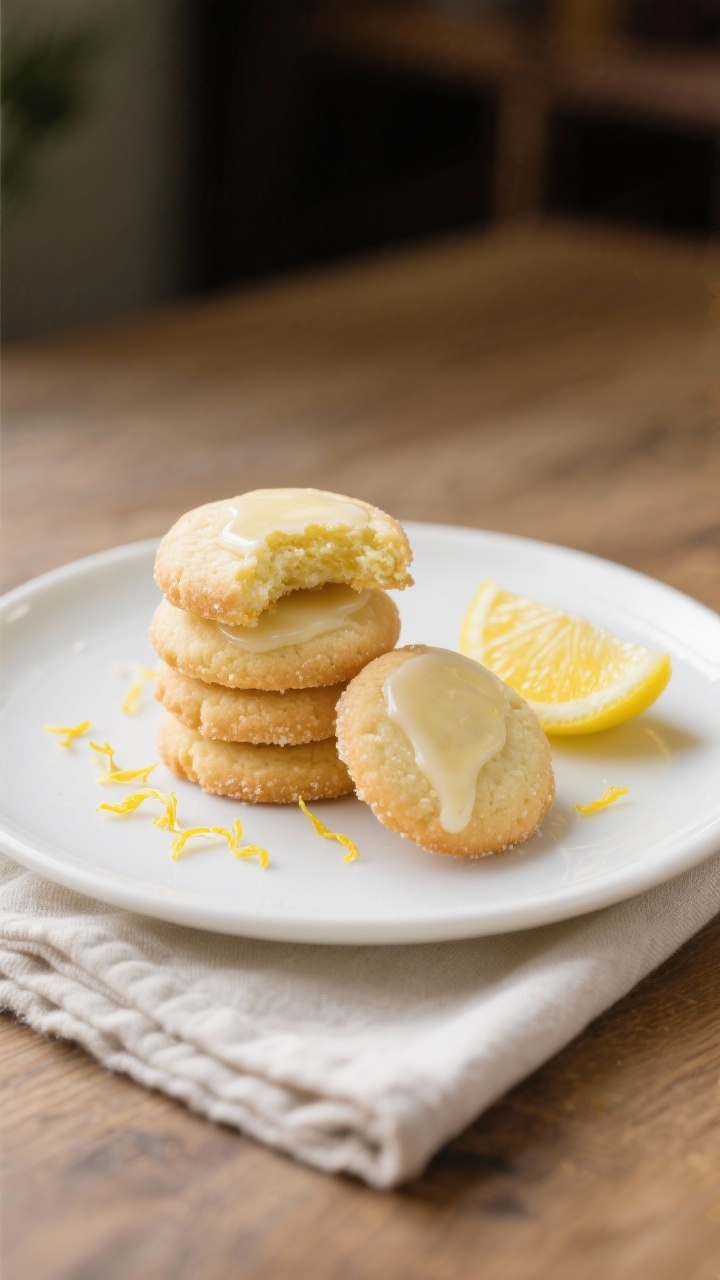 Final dish presentation: Beautifully plated lemon sugar cookies on a simple white plate, a few stack