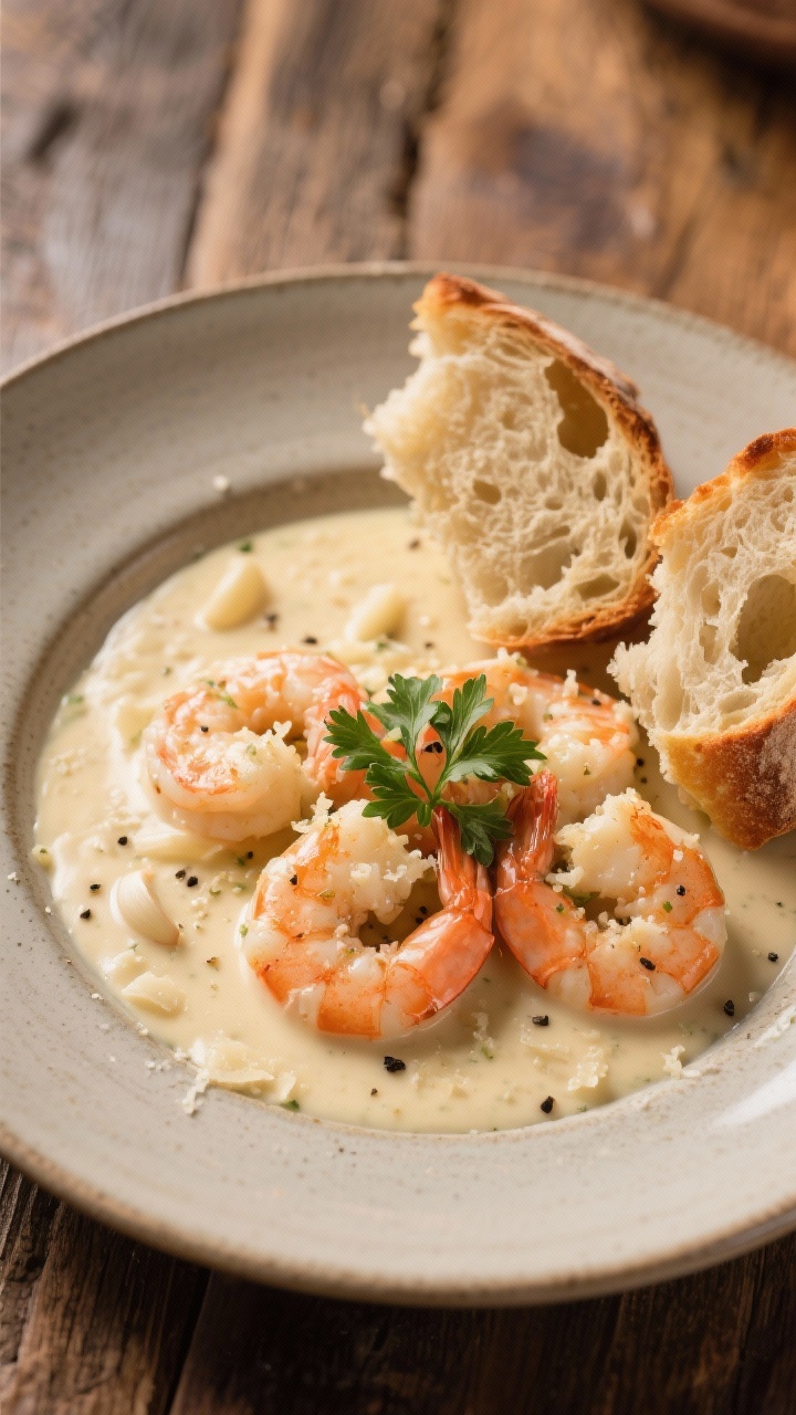 Final dish presentation: Creamy garlic shrimp plated with crusty torn bread for dipping, shrimp nest